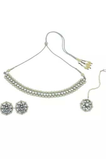 Creative circle shape and pearls kundan stone silver plated necklace set with maang tikka
