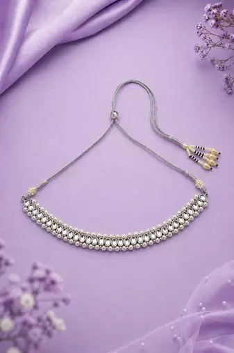 Creative circle shape and pearls kundan stone silver plated necklace set with maang tikka