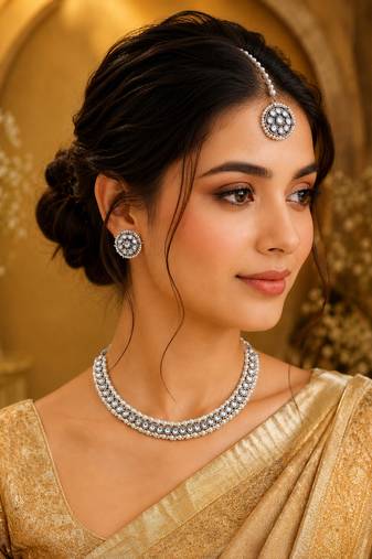 Attractive circle shape and pearls kundan stone silver plated choker set