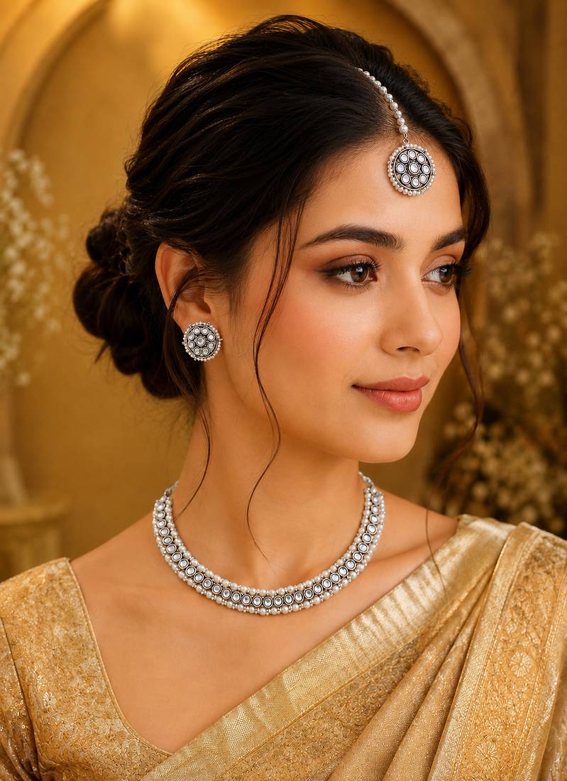 Attractive circle shape and pearls kundan stone silver plated choker set