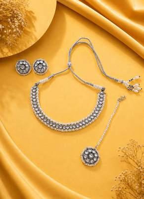 Attractive circle shape and pearls kundan stone silver plated choker set 2