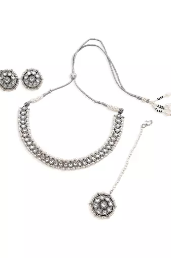Attractive circle shape and pearls kundan stone silver plated choker set