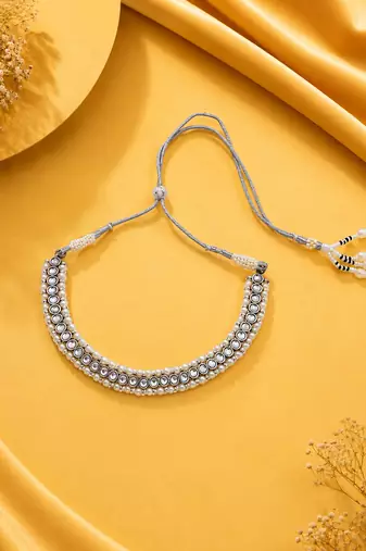 Attractive circle shape and pearls kundan stone silver plated choker set