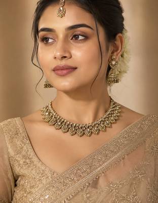 Glimmery round and oval shape brown kundan stone mehandi gold plated choker set 1
