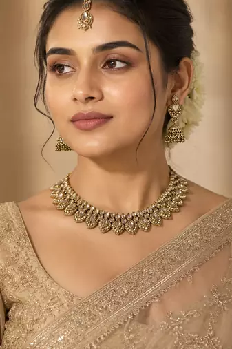 Glimmery round and oval shape brown kundan stone mehandi gold plated choker set