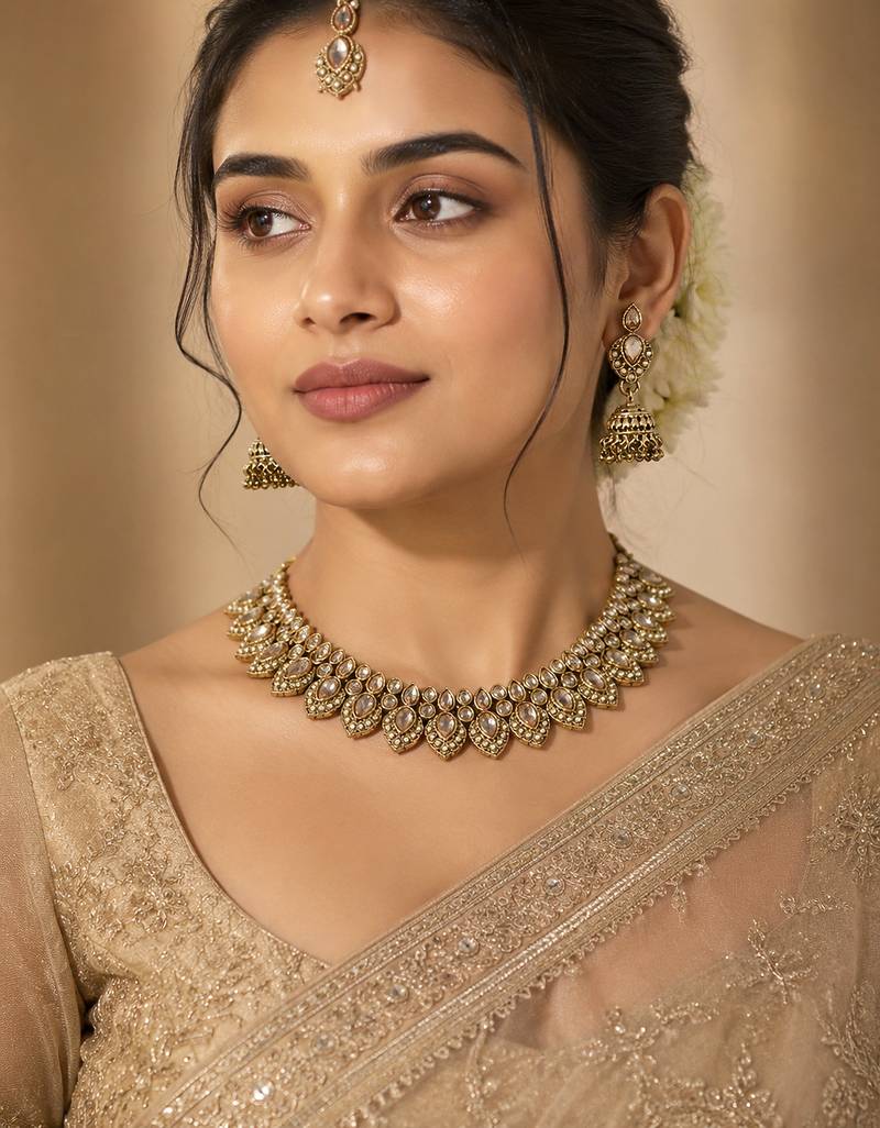 Glimmery round and oval shape brown kundan stone mehandi gold plated choker set