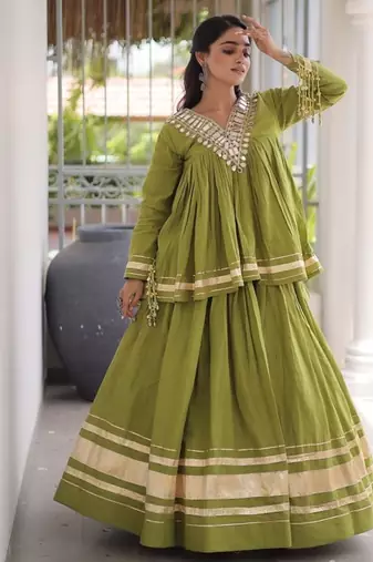 Kora Cotton Lehenga Choli Set With Zari And Mirror Lace Work