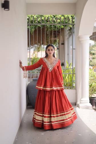Kora Cotton Lehenga Choli Set With Zari And Mirror Lace Work