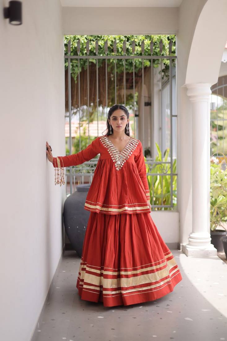 Kora Cotton Lehenga Choli Set With Zari And Mirror Lace Work