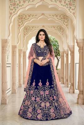 NAVY BLUE VELVET PARTY WEAR EMBROIDERY LEHENGA CHOLI 1