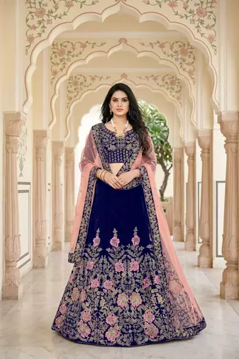 NAVY BLUE VELVET PARTY WEAR EMBROIDERY LEHENGA CHOLI