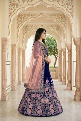 NAVY BLUE VELVET PARTY WEAR EMBROIDERY LEHENGA CHOLI 2