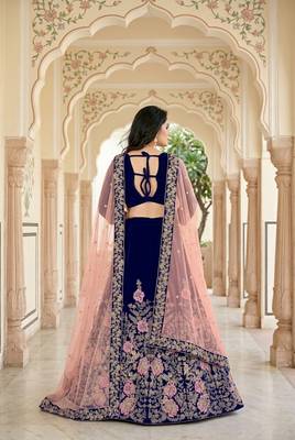 NAVY BLUE VELVET PARTY WEAR EMBROIDERY LEHENGA CHOLI 3