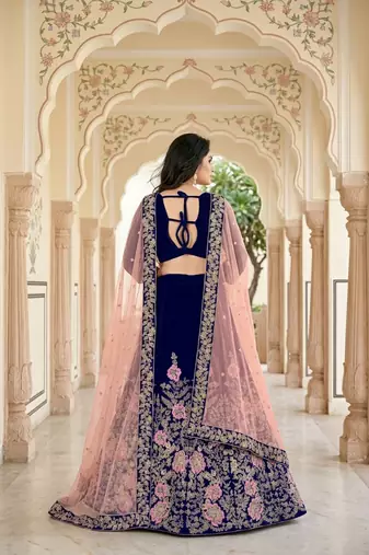 NAVY BLUE VELVET PARTY WEAR EMBROIDERY LEHENGA CHOLI
