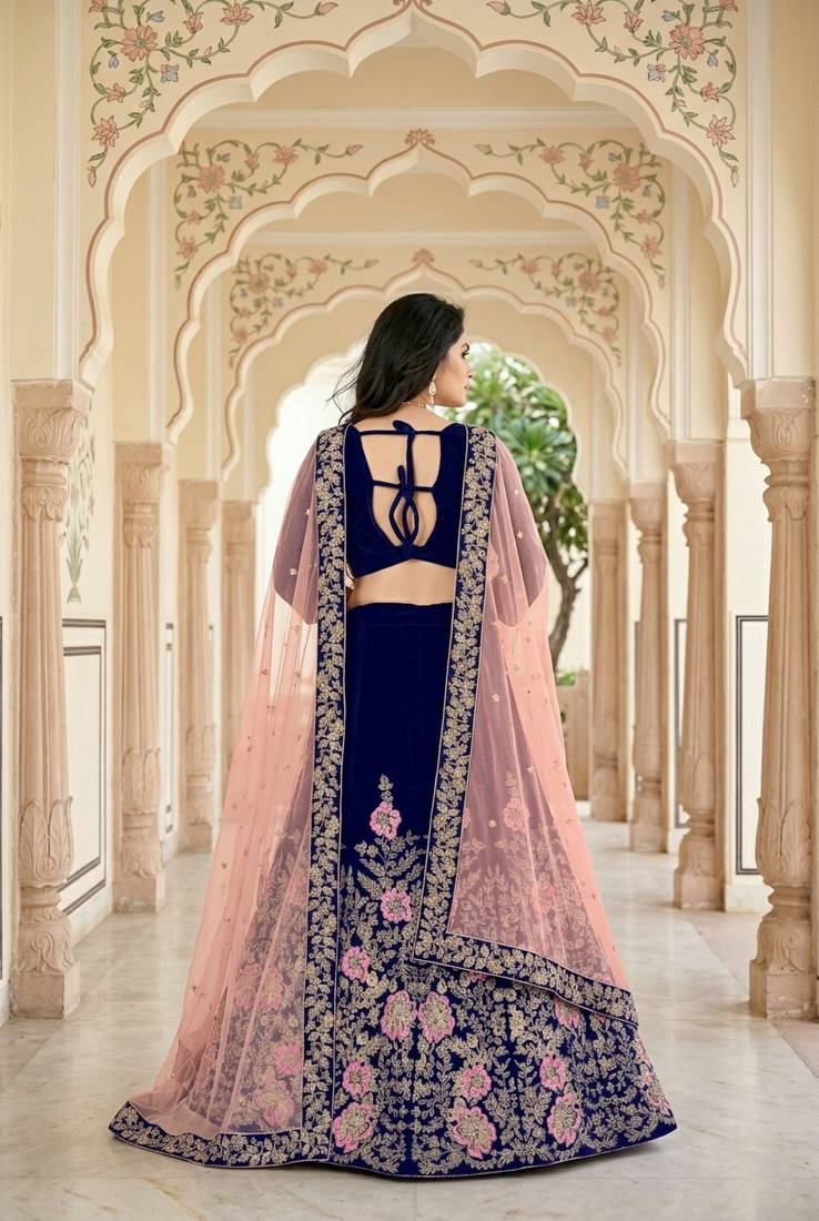 NAVY BLUE VELVET PARTY WEAR EMBROIDERY LEHENGA CHOLI
