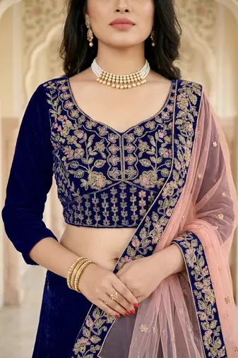 NAVY BLUE VELVET PARTY WEAR EMBROIDERY LEHENGA CHOLI