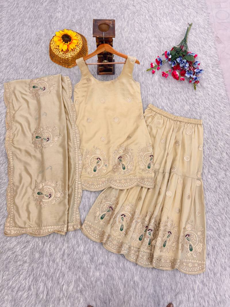 Beige vichitra silk suit with coding & embroidery work