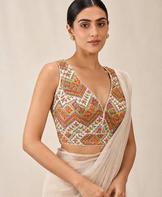 White v neck padded designer saree blouse 1