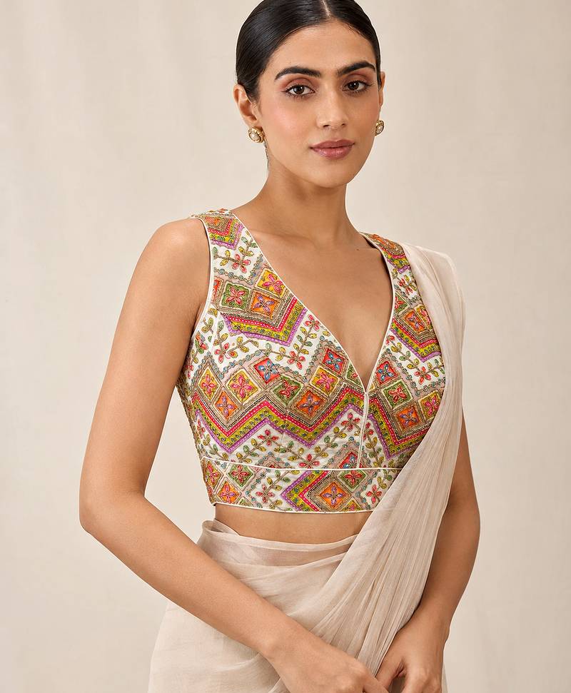 White v neck padded designer saree blouse