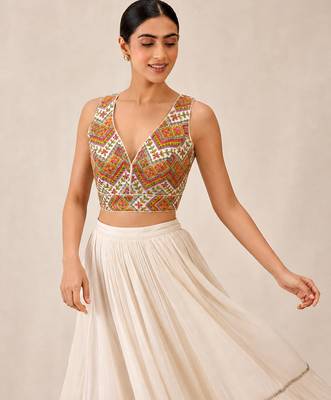 White v neck padded designer saree blouse 3