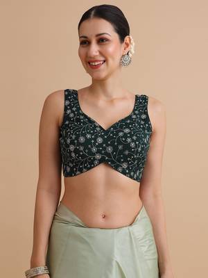 Bottle green embroidered silk blouse 1