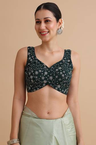 Bottle green embroidered silk blouse