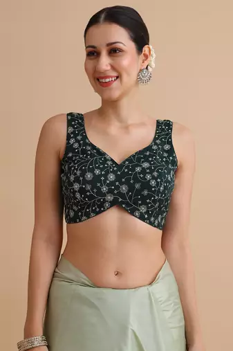 Bottle green embroidered silk blouse