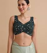 Bottle green embroidered silk blouse