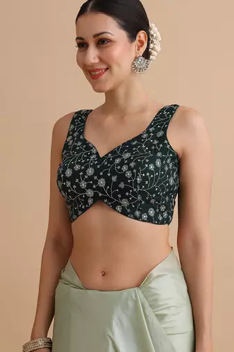 Bottle green embroidered silk blouse