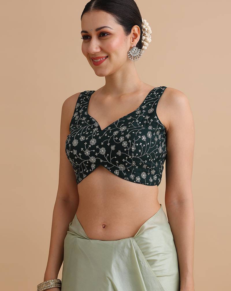 Bottle green embroidered silk blouse