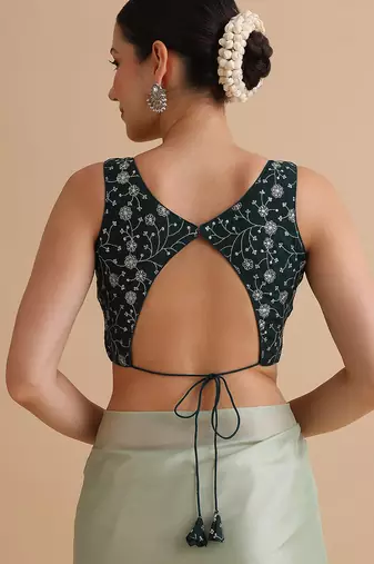 Bottle green embroidered silk blouse