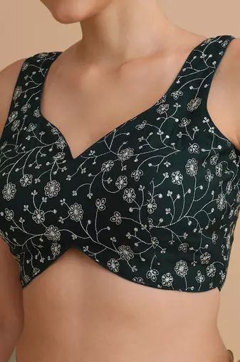 Bottle green embroidered silk blouse