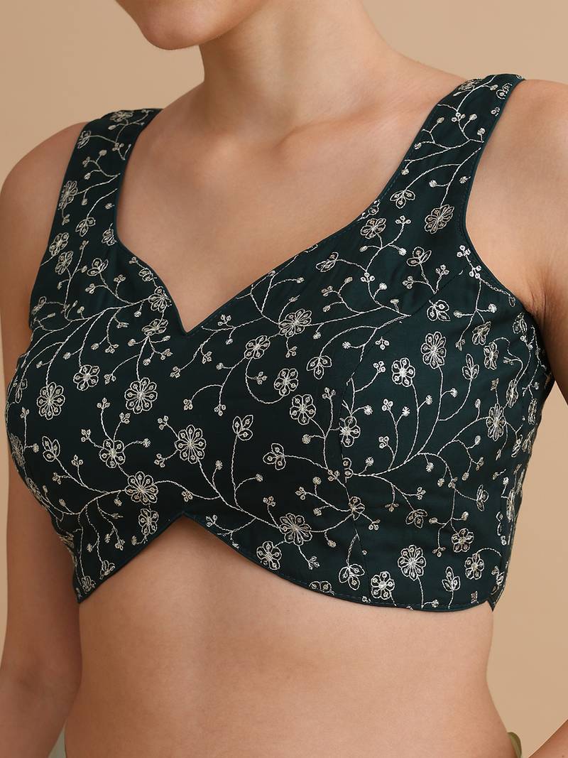 Bottle green embroidered silk blouse