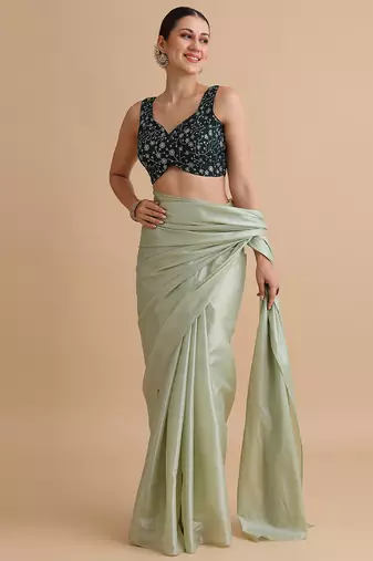 Bottle green embroidered silk blouse