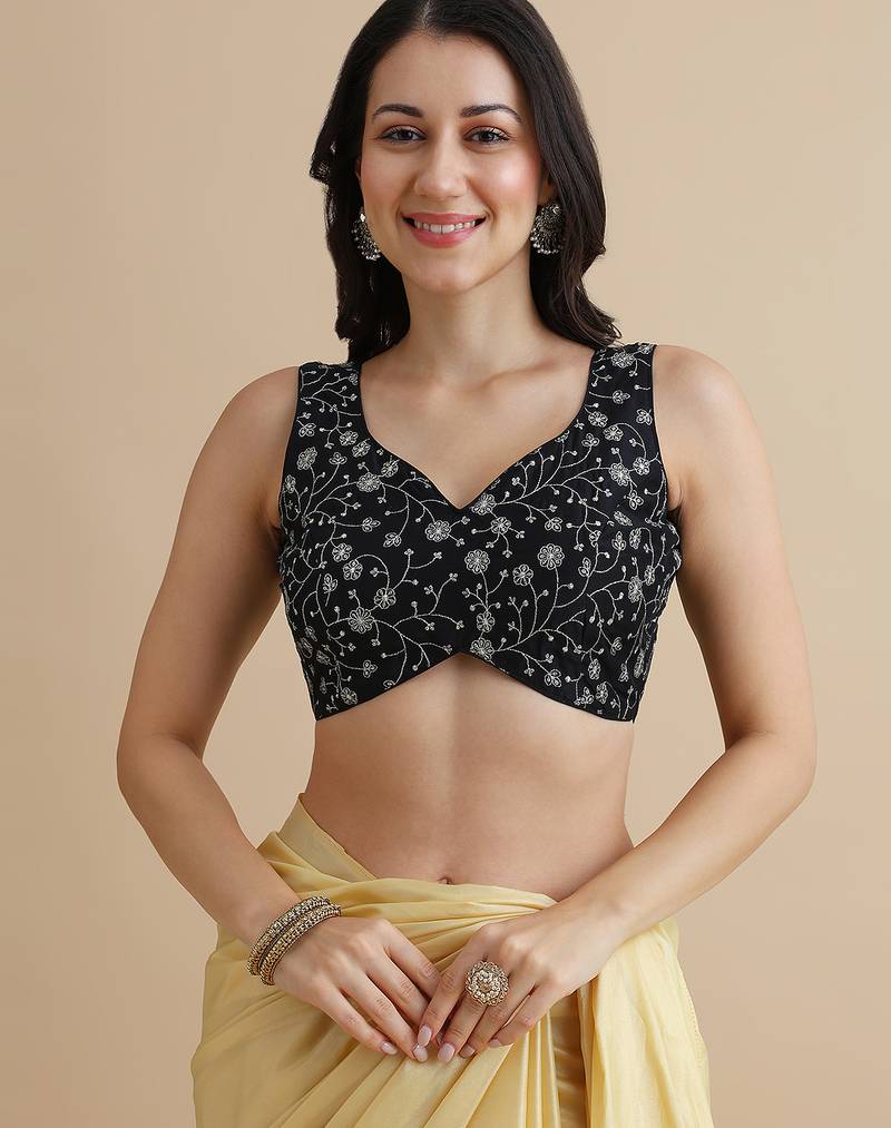 Black embroidered silk blouse
