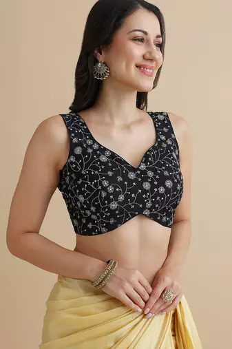 Black embroidered silk blouse