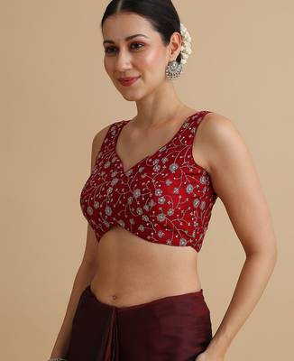 Dark red embroidered silk blouse 2