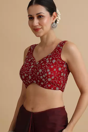 Dark red embroidered silk blouse