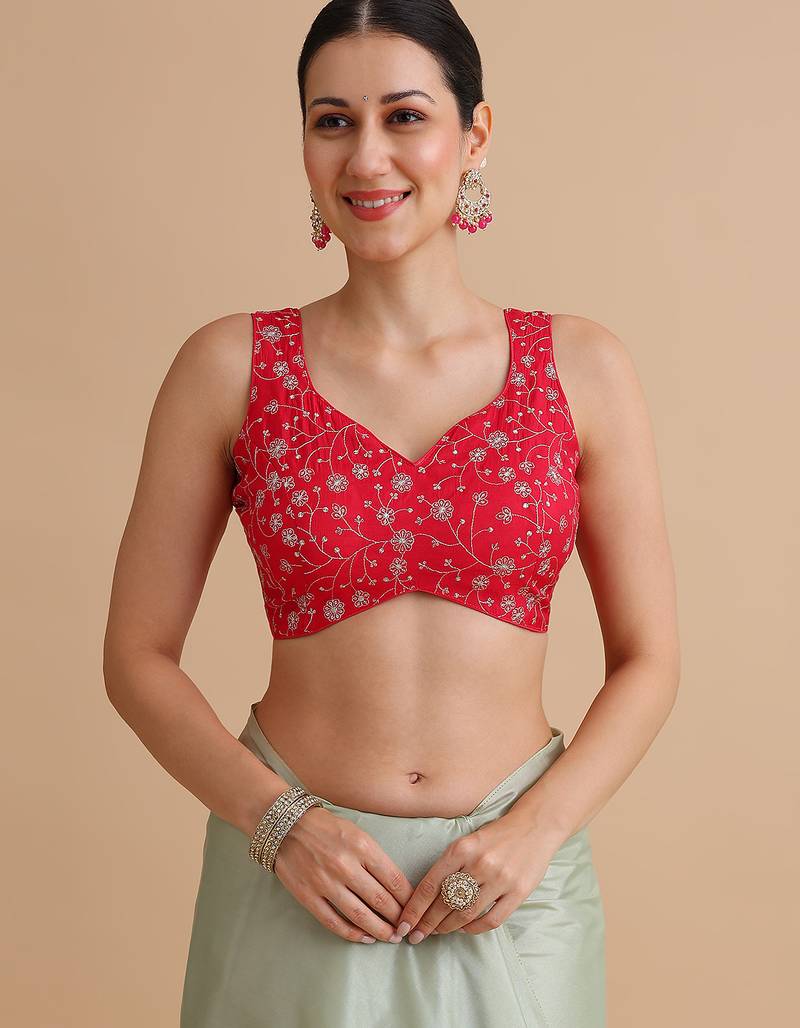 Light red embroidered silk blouse