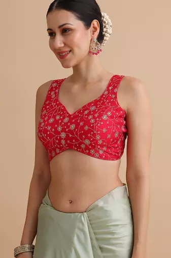 Light red embroidered silk blouse