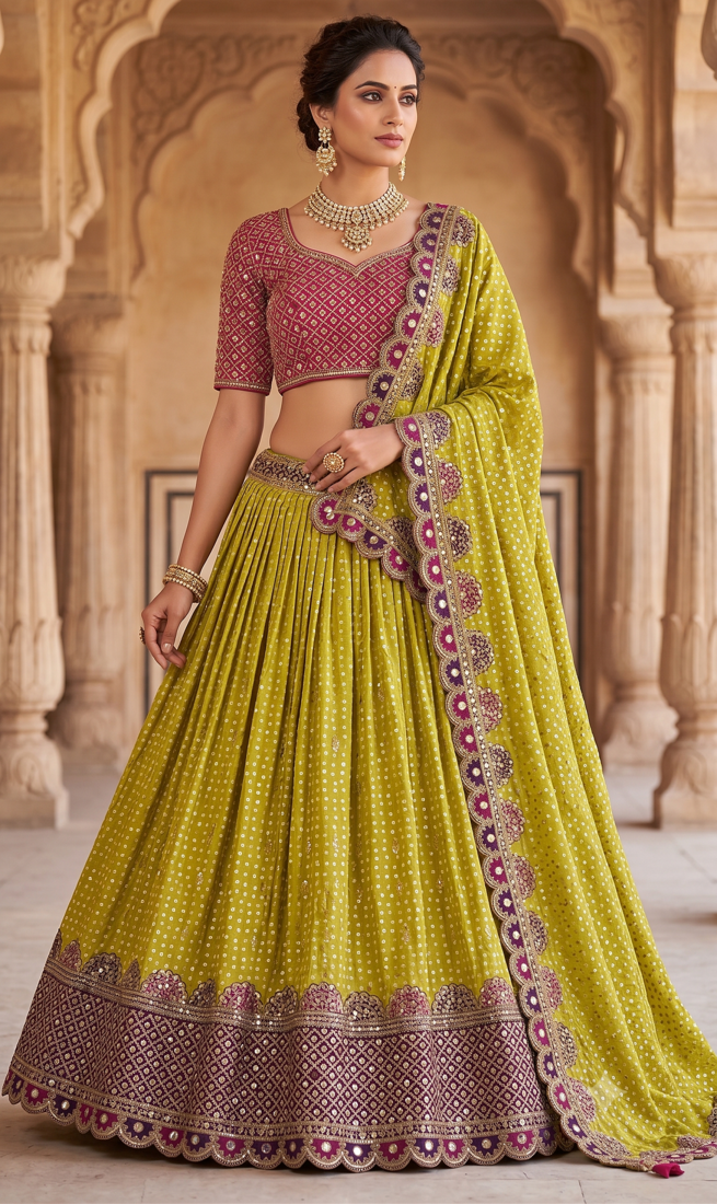 Bandhani Print Lehenga Choli with Embroidered Border and Dupatta