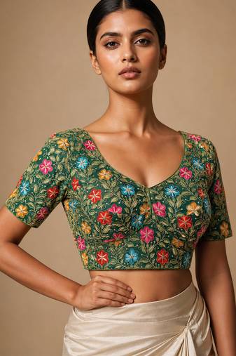 Green heavy embroidered designer blouse