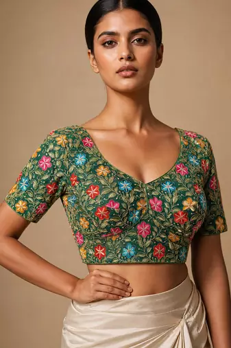 Green heavy embroidered designer blouse