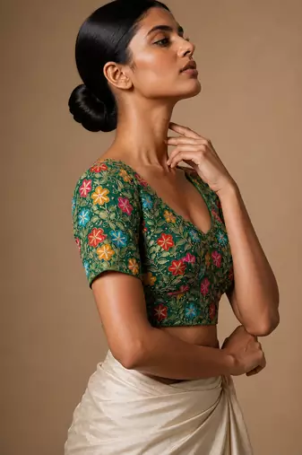 Green heavy embroidered designer blouse
