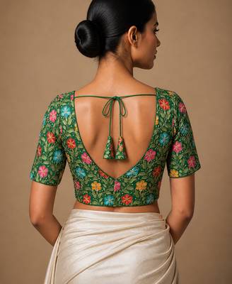 Green heavy embroidered designer blouse 3