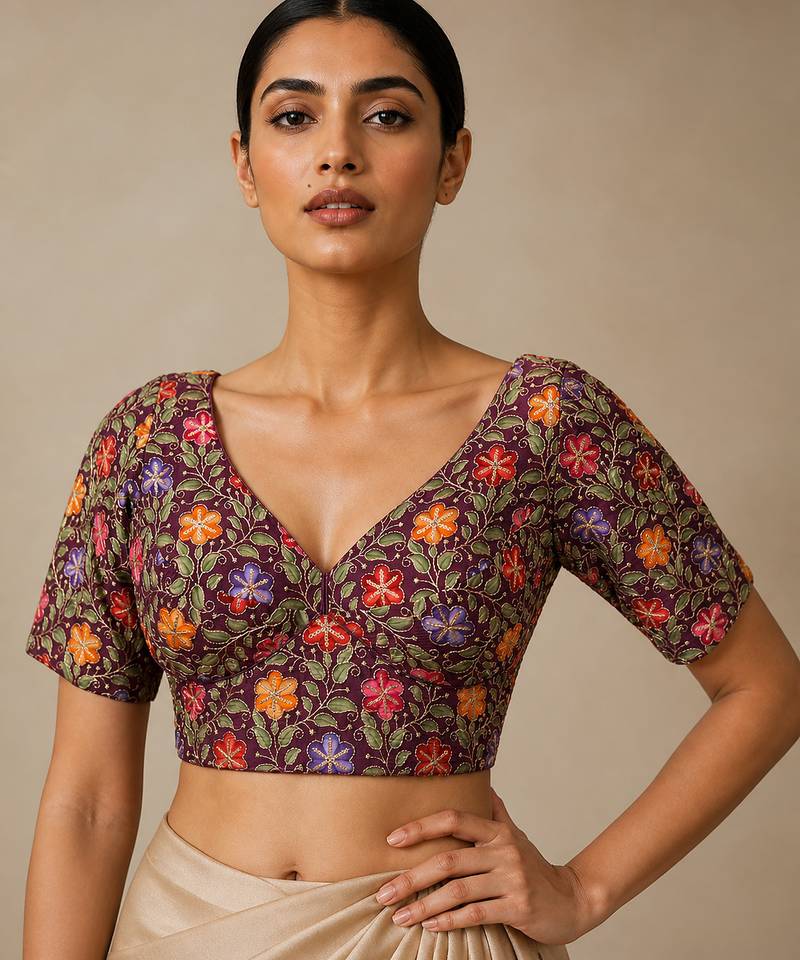 Purple heavy embroidered designer blouse