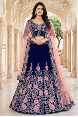 NAVY BLUE VELVET PARTY WEAR EMBROIDERY LEHENGA CHOLI 1