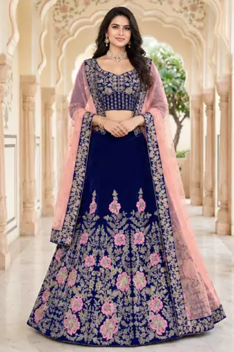 NAVY BLUE VELVET PARTY WEAR EMBROIDERY LEHENGA CHOLI
