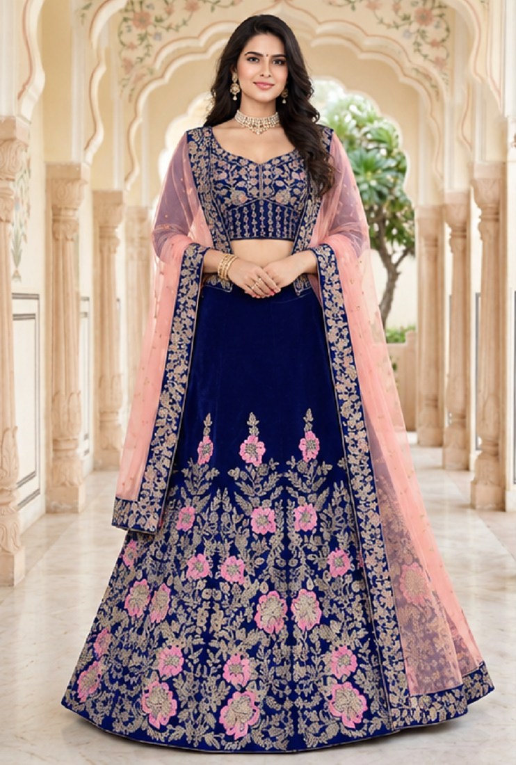 NAVY BLUE VELVET PARTY WEAR EMBROIDERY LEHENGA CHOLI