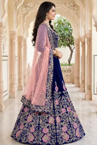 NAVY BLUE VELVET PARTY WEAR EMBROIDERY LEHENGA CHOLI